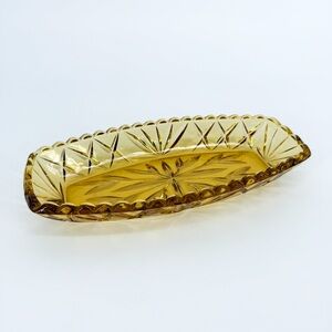 Hazel Atlas Amber Yellow Prescut Star & Fan Glass Relish Celery Dish
